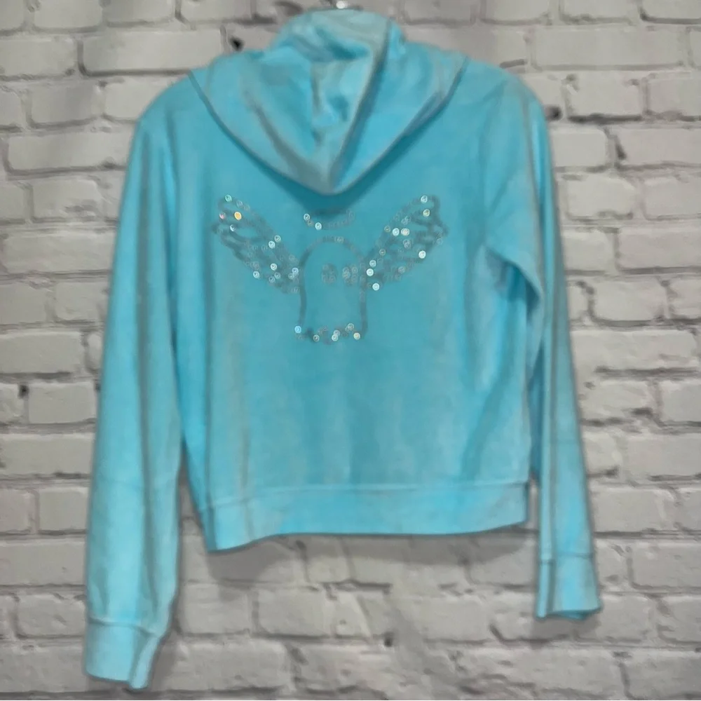 Vintage Y2K Lonely Ghost Blue Velour Bling Rhinestone Tracksuit Matching Set - Picture 9 of 15